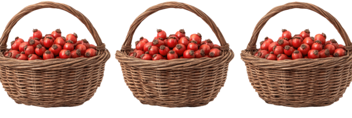 Three wicker baskets overflowing with red fruit sit side-by-side on a dark background