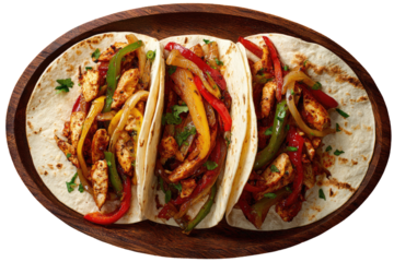 Three fajita tacos on a wooden platter, filled with grilled chicken and colorful peppers