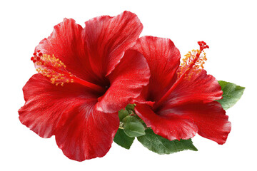 Two vibrant red hibiscus flowers with green leaves, isolated on a black background