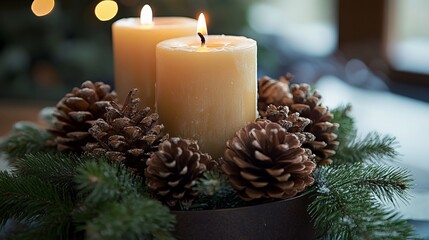 Festive christmas candle arrangement with pine cones, fir branches, and holiday decor