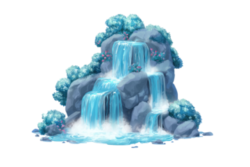 Cartoon waterfall cascading over grey rocks, surrounded by light blue foliage and pink flowers