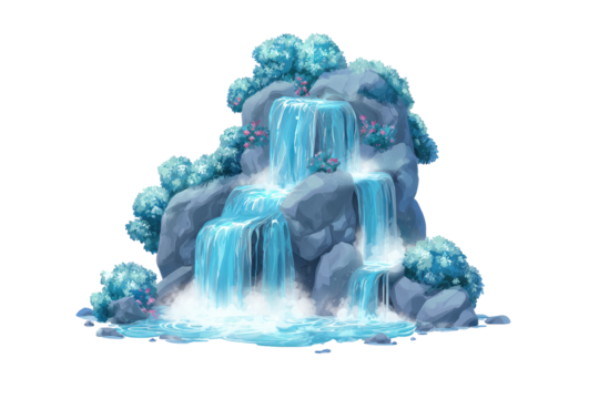 Cartoon waterfall cascading over grey rocks, surrounded by light blue foliage and pink flowers