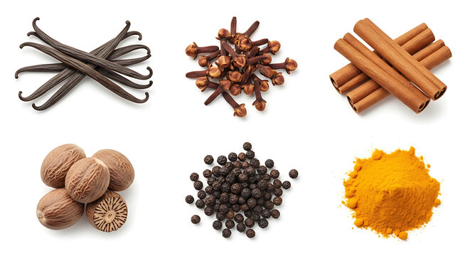 Variety of spices vanilla cloves cinnamon nutmeg pepper and turmeric - Powered by Adobe