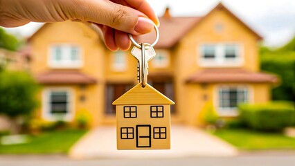 Hand holding house key with home shaped keychain in front of new property