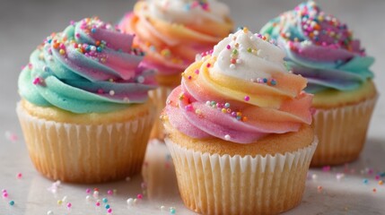 Four delightful cupcakes with vibrant swirled frosting in shades of pink, blue, and orange are topped with colorful sprinkles. Perfect for a party or special occasion.