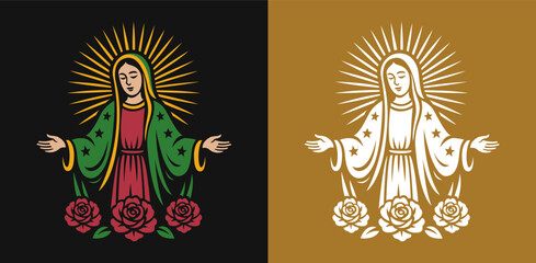 Lady of Guadalupe holy mother Mexican Marian title virgin blessed with flowers and aura traditional stylized Mexico Catholic