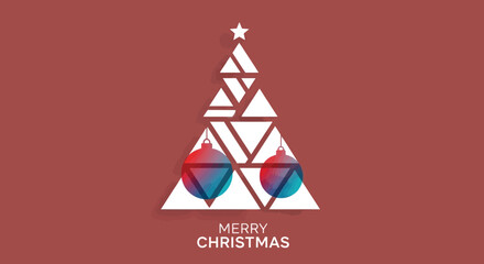 Modern Christmas Tree Design Geometric Festive Decoration with Baubles and Greetings on Red