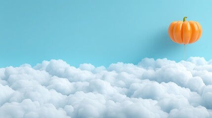 Pumpkin Balloon Floating Above Soft White Clouds in Blue Sky