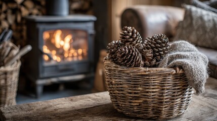 Obraz premium A rustic cabin setting features a warm fireplace filled with flickering flames. A basket holds pinecones, and a knitted blanket adds comfort to the space.