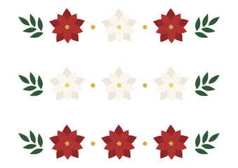 赤と白のポインセチアを並べた植物のボーダー/冬を彩るライン素材