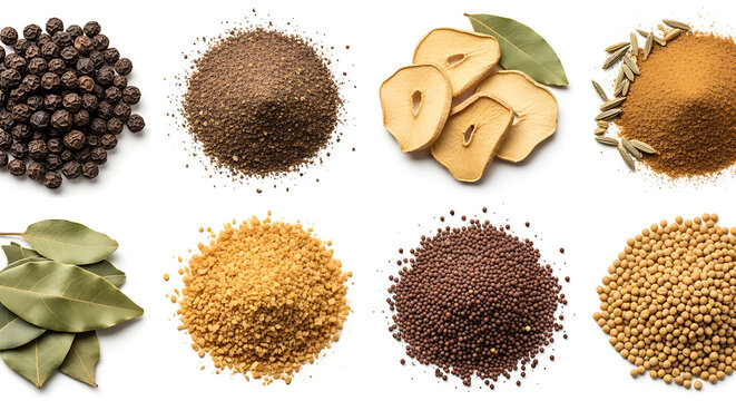 Assortment of spices and herbs on transparent background