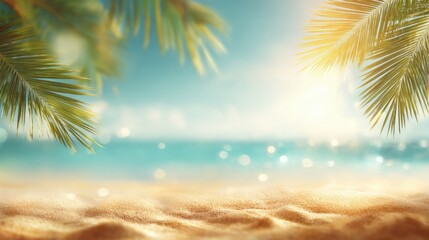 Fototapeta premium Palm trees frame a tranquil beach scene where golden sand meets a sparkling blue ocean. Bright sunlight creates a peaceful atmosphere perfect for relaxation.