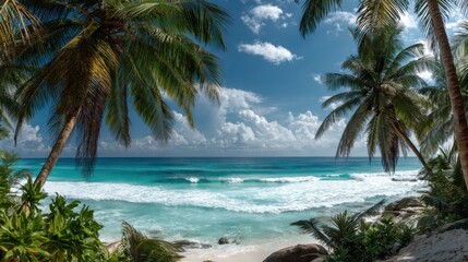 Fototapeta premium Tropical beach scene featuring tall palm trees, soft sand, and vibrant turquoise water. Waves gently lap against the shore under a bright blue sky with clouds.