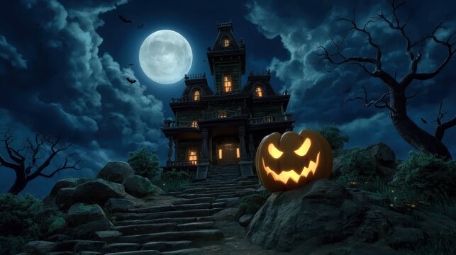 Spooky Haunted House with Jack-o'-Lantern Under Full Moon - Powered by Adobe