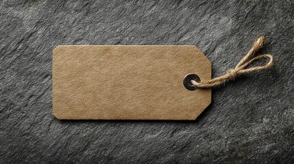Blank brown kraft gift tag on dark grey textured background for minimalist product branding label mockup rustic packaging design flat lay stationery concept