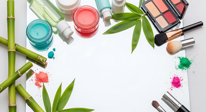 Elegant skincare products and makeup with natural bamboo frame