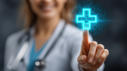 Woman doctor touching glowing medical cross icon with finger, healthcare technology innovation, smiling, professional
