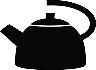 “Traditional kettle silhouette with curved handle, rounded body, spout and lid, black vector illustration, kitchen appliance design, boiling water symbol”