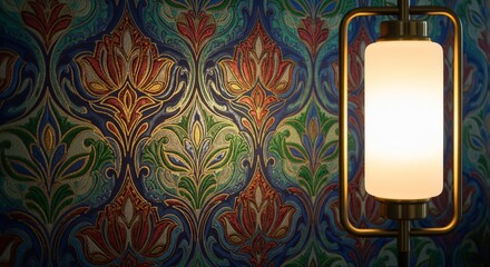 Glowing lamp with intricate damask wallpaper in moody interior