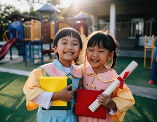 Joyful Children Celebrating Kindergarten Graduation in Playground Setting