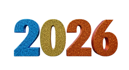 Sparkling 2026 numbers in blue, gold, and orange for calendar and events.