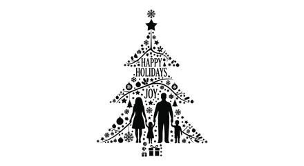 Black silhouette christmas tree filled with festive ornaments and family figures celebrating holidays