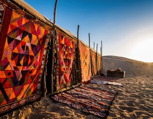 Colorful Bedouin Tent Decorations In Desert Sunrise Setting
