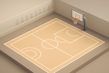 Basketball Court Isometric. Isometric basketball court with neutral color scheme. Isometric Detailed Basketball Court with Hoop and Audience Silhouette Illustration