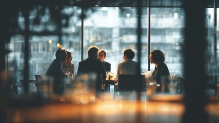 Blurred Business Meeting: An intimate gathering of business associates, silhouetted against the bright cityscape visible through large windows. Evokes collaboration - Powered by Adobe