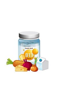 Vitamin B13 Supplement Bottle Surrounded by Nutritious Food Sources