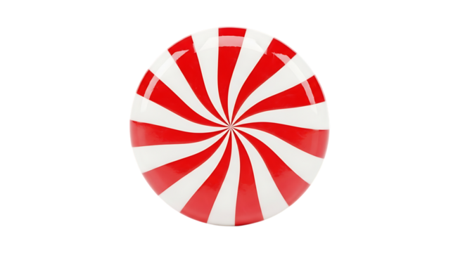 Oval shaped red and white striped hard candy with swirl pattern isolated on transparent background