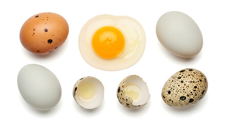Various eggs whole cracked and fried on transparent background