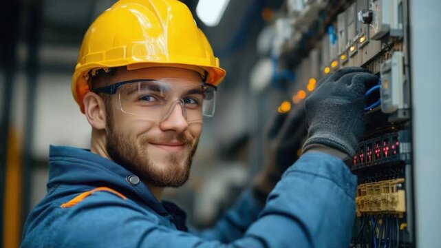 Confident Engineer: A focused engineer, wearing a hard hat and protective eyewear, meticulously works on a control panel, embodying expertise and reliability in a high-tech setting.