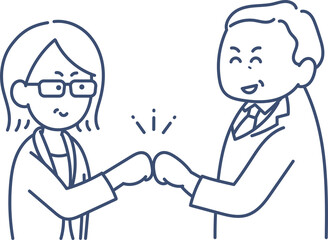 グータッチをする40代のビジネスウーマンとビジネスマンのイラスト　線画のみ