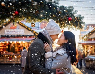 Couple Embracing Under Mistletoe at Winter Fair Celebrating Love