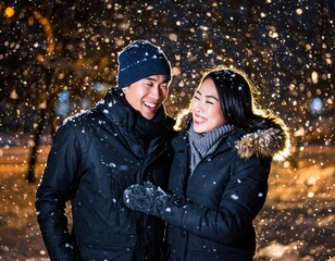Happy Couple Laughing Under Falling Snow at Night in a Fair Scene