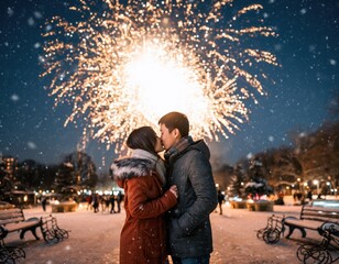 Romantic Couple Kissing Under Fireworks in Snowy Festival Atmosphere