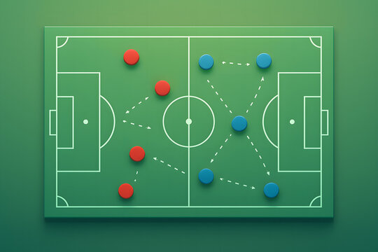 Minimal Soccer Tactics Board. Top-down clean tactics board with simple circular player markers. Isometric Illustration Football Field with Strategy and Team Formation Plan