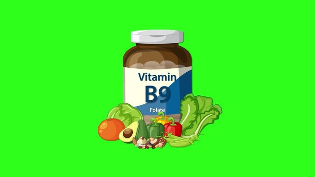 Vitamin B9 Supplement Bottle with Vegetables Animation on Green Background