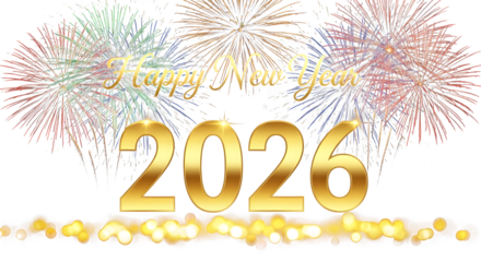 Happy new year 2026 with vibrant fireworks and golden festive text design