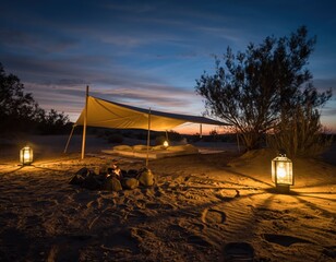Desert Camp with Glowing Lanterns at Dusk, High Quality Stock Photo