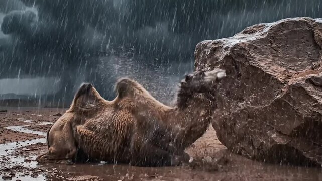 A camel rests in a storm, lightning flashes, amidst rain and a large rock in a wet environment