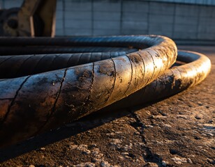 Worn Hydraulic Hose with Cracks on a Concrete Surface