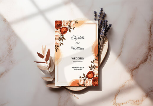 Elegant Wedding Invitation Card Mockup on Marble