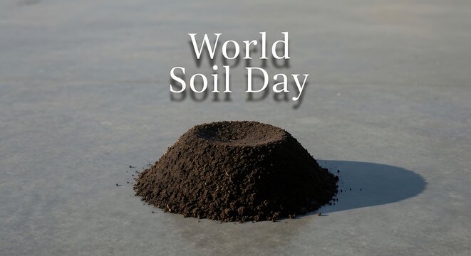 A mound of dark soil on a gray surface with world soil day text overlayed on top