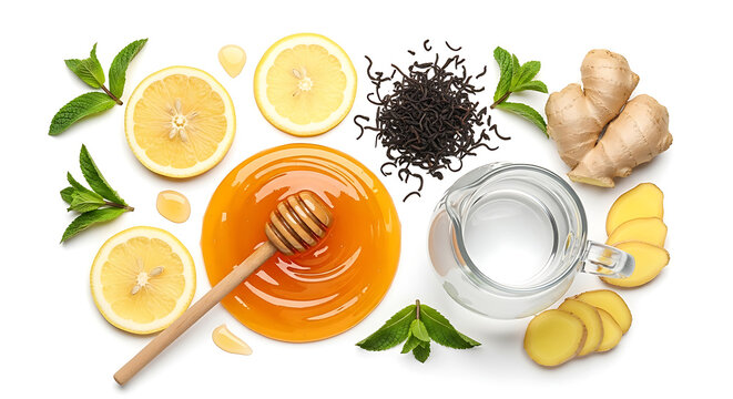 Healthy ingredients arrangement lemon honey ginger and tea