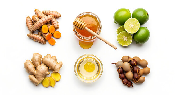 Healthy ingredients composition turmeric ginger honey limes and tamarind