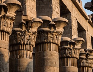 Ornate Egyptian Columns with Lotus Capitals in Intricate Pattern