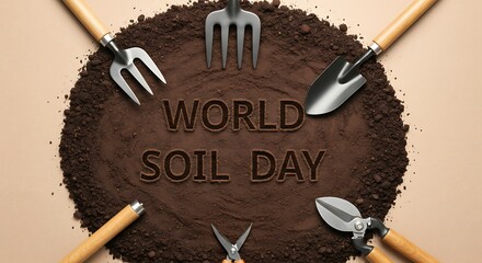 World soil day text in soil surrounded by gardening tools on a beige background