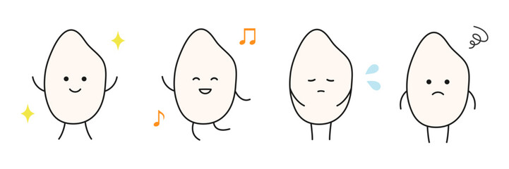 Cute Rice Characters Showing Various Emotions Icon Illustration Set / かわいいお米キャラクターの感情表現イラストアイコンセット